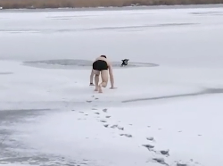 凍った水に落ちた犬を救出
