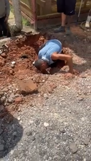 地面に埋まってる犬を救出