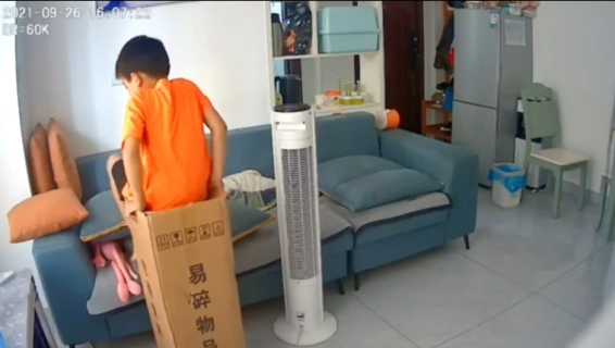 段ボール箱の中に吸い込まれる男の子