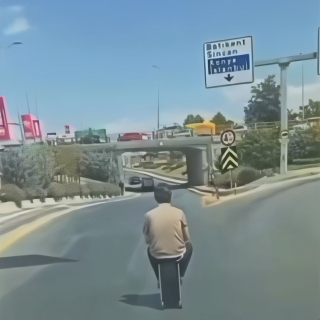 電動スーツケースで高速道路を走る男