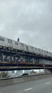 走行中の電車の屋根に乗る男