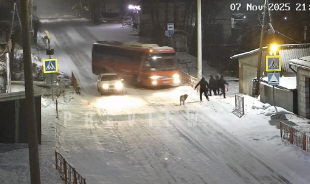 電柱に衝突するバスから間一髪で逃げる数人の歩行者