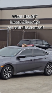 高身長の男が車のサンルーフから頭を出して運転